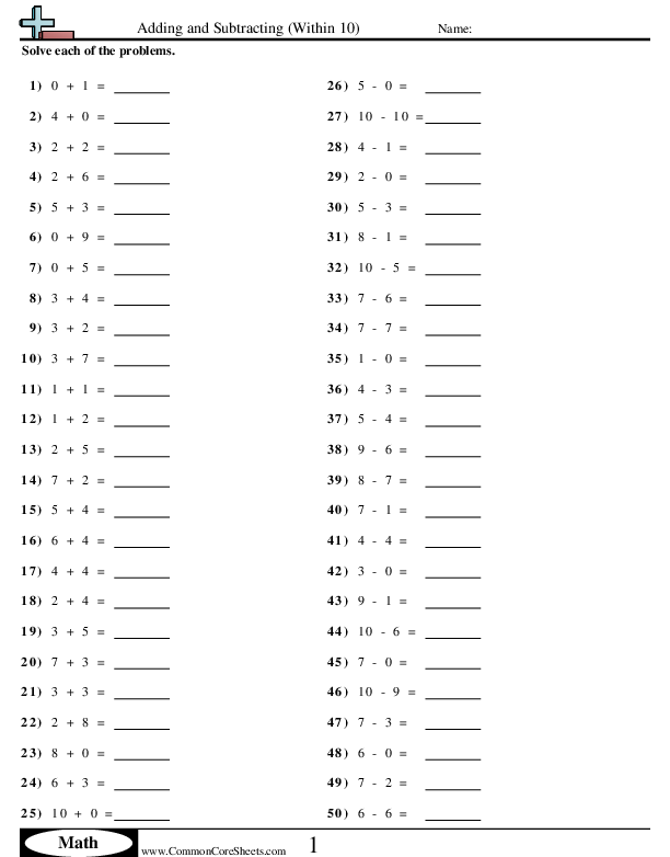Math Drills Worksheets - Adding and Subtracting (Within 10) worksheet
